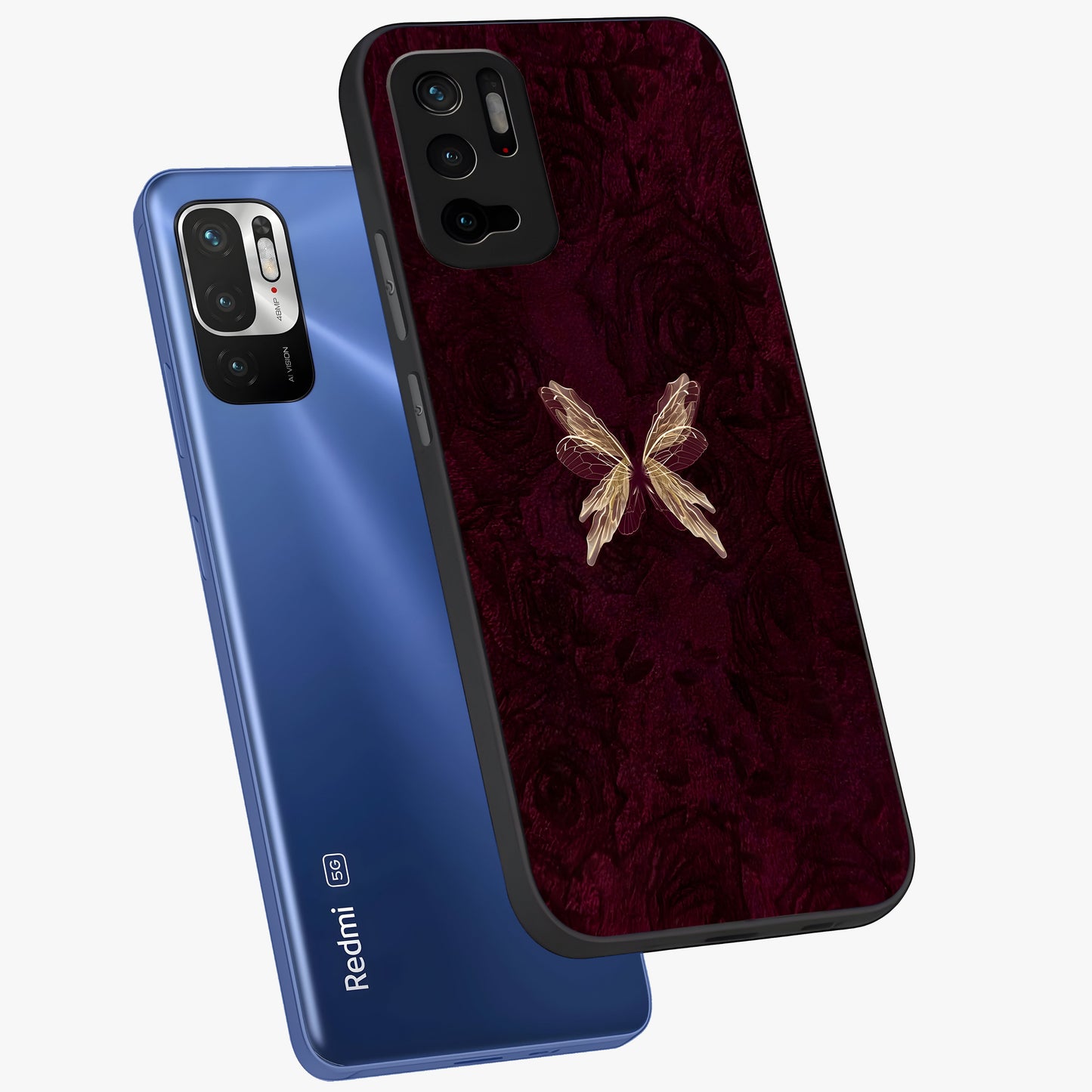 Crimson Fade Butterfly Glass Case displayed in angled mockup highlighting elegant butterfly design with crimson gradient aesthetic.