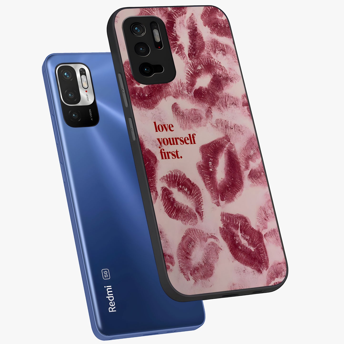 Crimson Kiss Love Glass Case displayed in angled mockup highlighting bold love inspired design with modern aesthetic style.