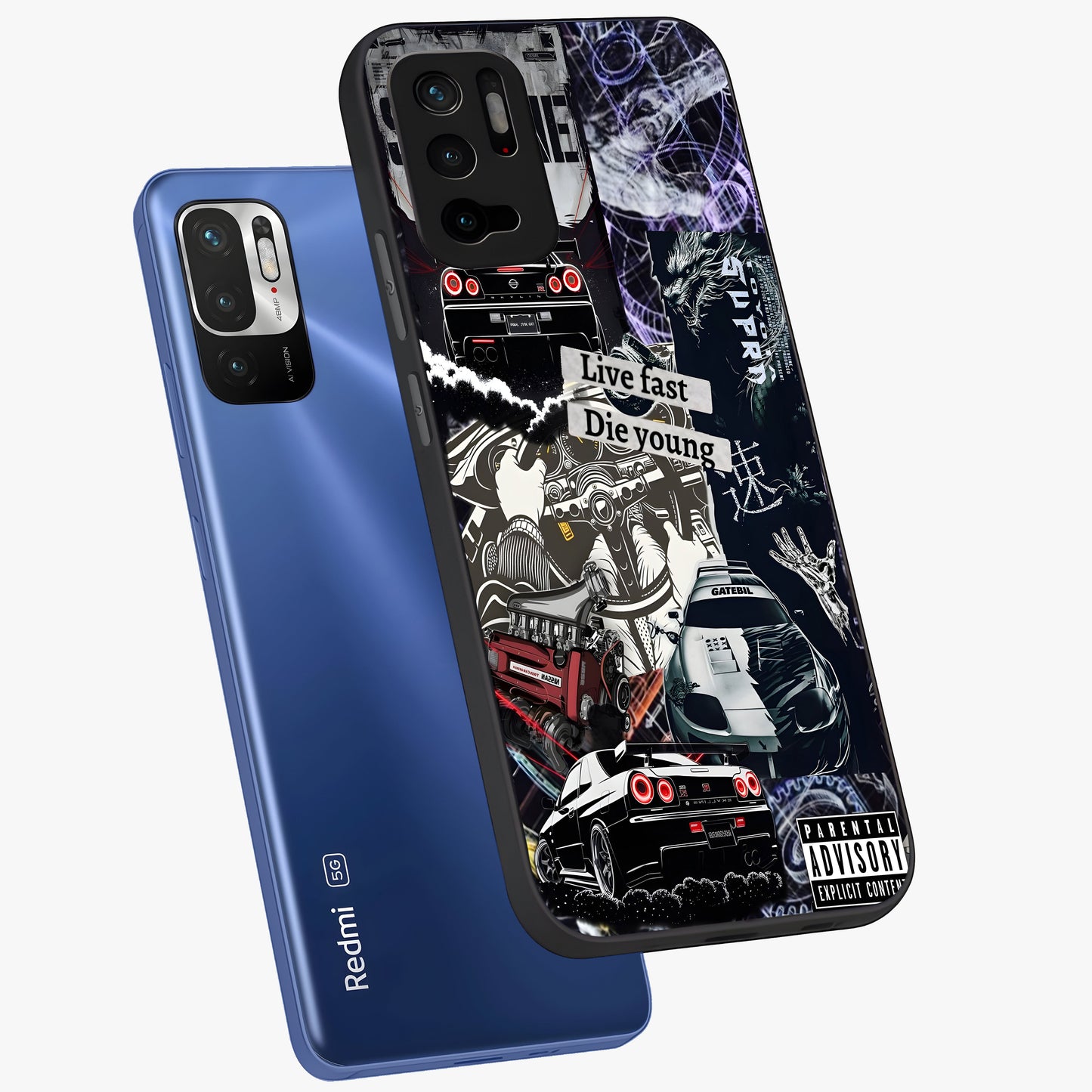 Die Young Glass Case displayed in angled mockup highlighting expressive graphic artwork with edgy aesthetic style.