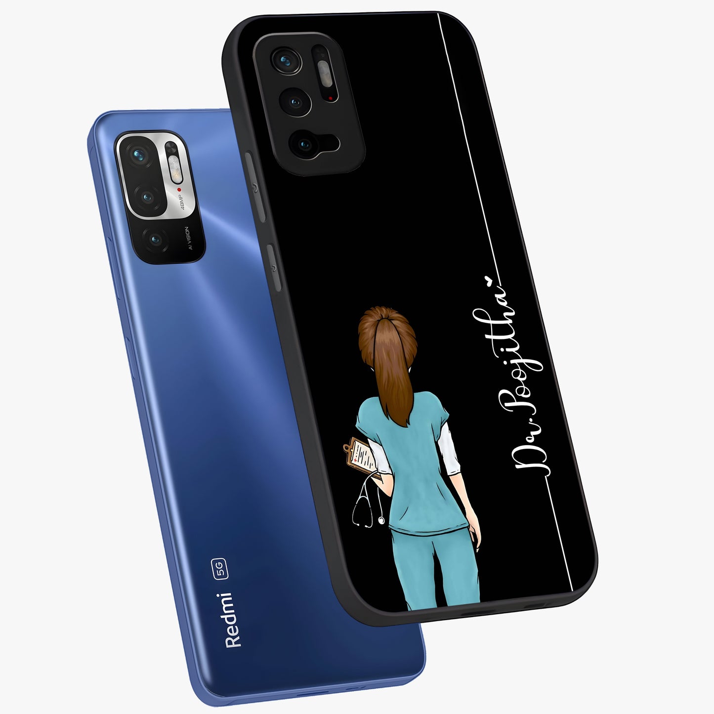 Doctor Pattern Custom Name Glass Case displayed in angled mockup highlighting doctor inspired artwork with custom name feature.