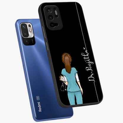 Doctor Pattern Custom Name Glass Case displayed in angled mockup highlighting doctor inspired artwork with custom name feature.