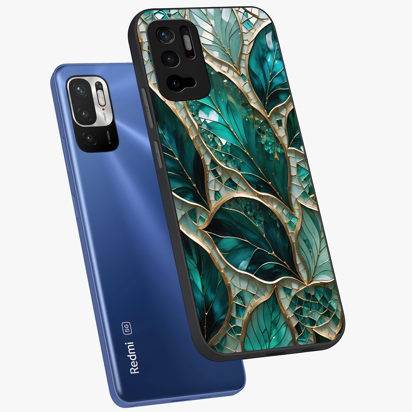 Emerald Leaf Glass Glass Case displayed in angled mockup highlighting botanical leaf illustration with elegant natural aesthetic.