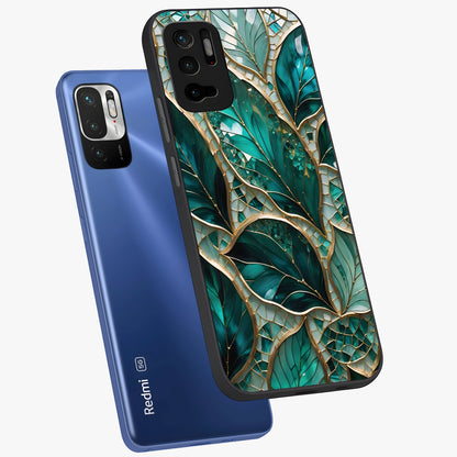 Emerald Leaf Glass Glass Case displayed in angled mockup highlighting botanical leaf illustration with elegant natural aesthetic.