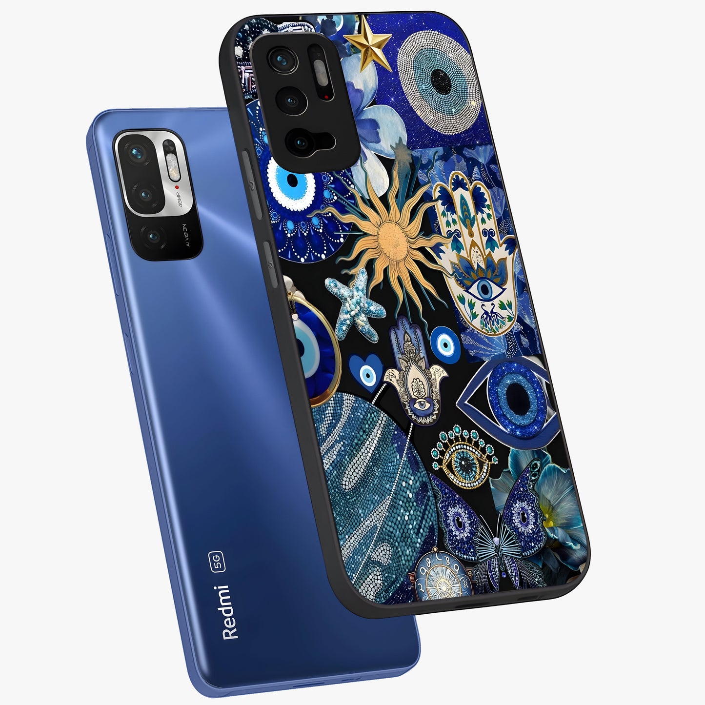 Evil Eye Charm Mix Glass Case displayed in angled mockup highlighting protective evil eye symbols with spiritual aesthetic design.