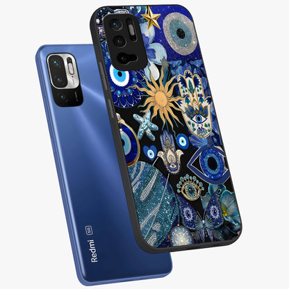 Evil Eye Charm Mix Glass Case displayed in angled mockup highlighting protective evil eye symbols with spiritual aesthetic design.