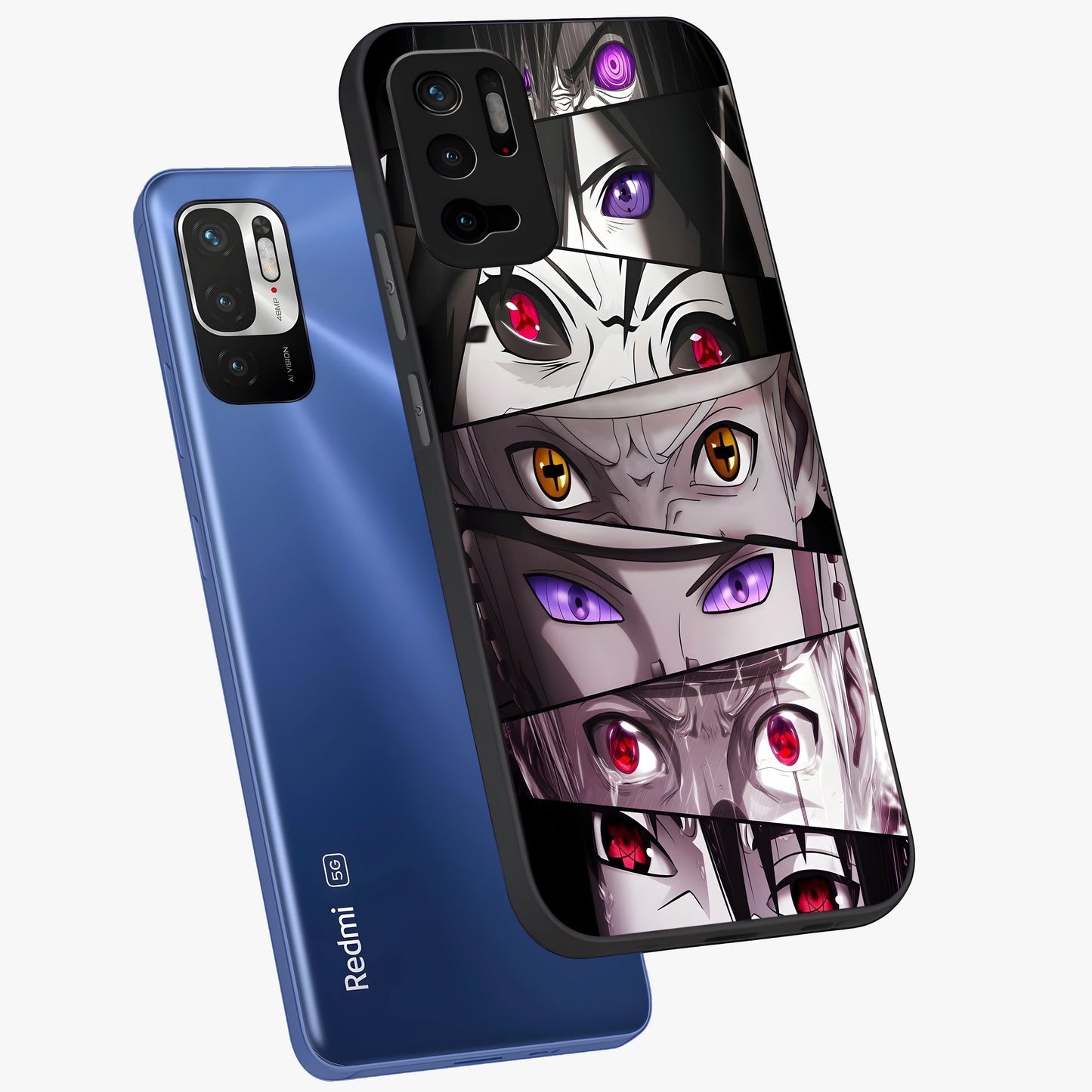 Eyes of Destiny Glass Case displayed in angled mockup highlighting bold eye illustration with mystical aesthetic style.