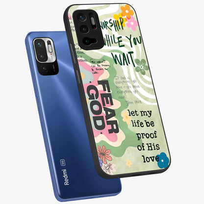 Faith Over Fear Glass Case displayed in angled mockup highlighting inspirational message design with modern aesthetic style.