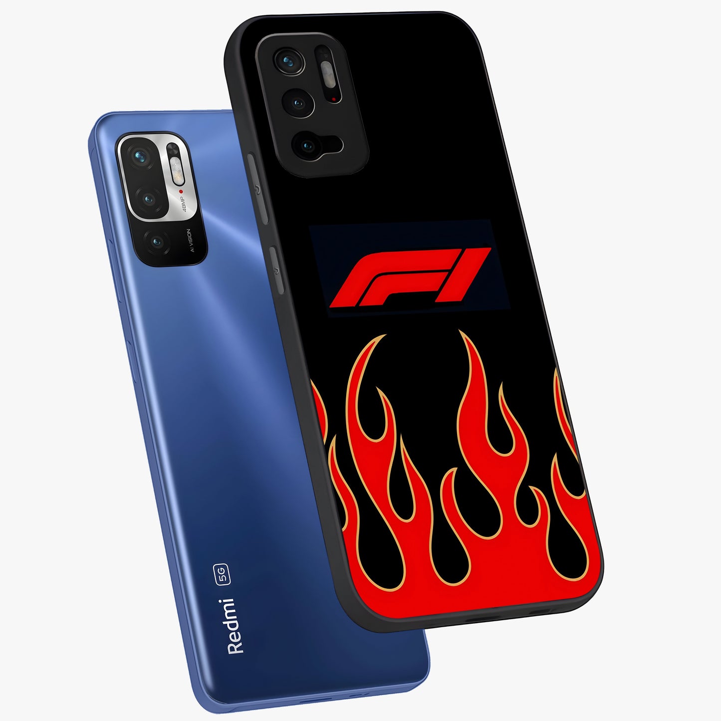 Fire F11 Glass Case displayed in angled mockup highlighting bold fire inspired graphic with energetic aesthetic style.
