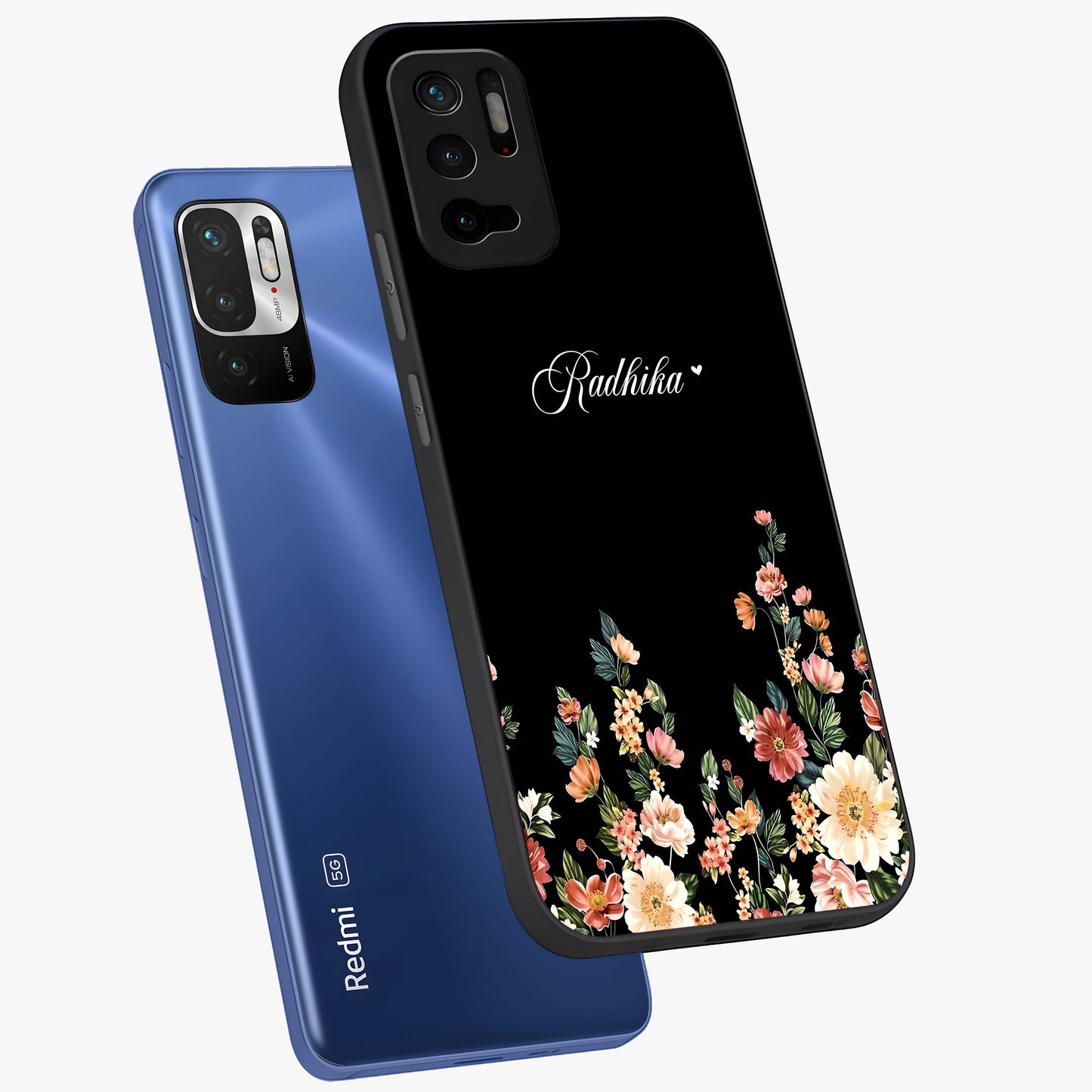 Floral Design With a Custom Personalized Name Glass Case displayed in angled mockup highlighting elegant floral pattern with custom name feature.