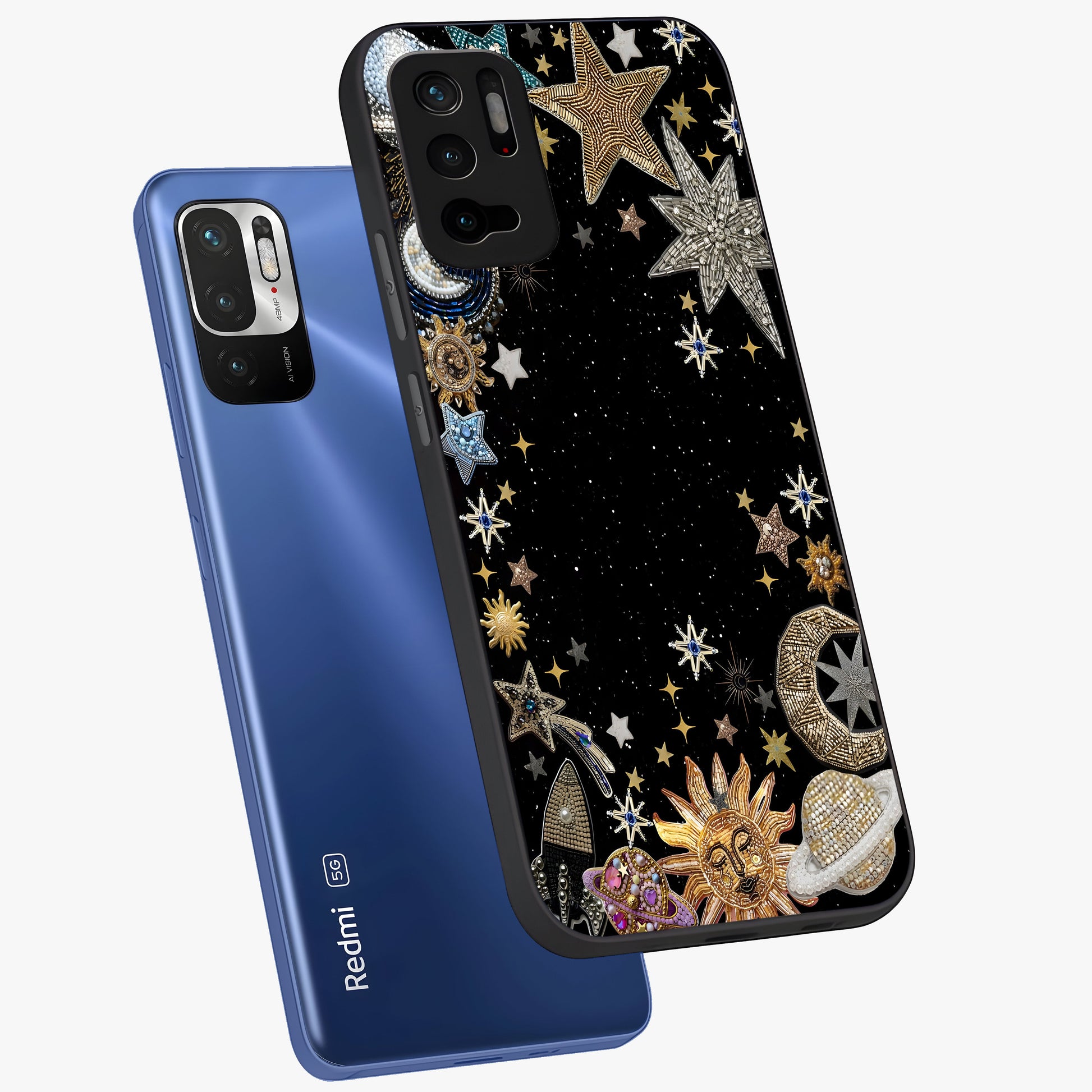 Galactic Jewel Stars Glass Case displayed in angled mockup highlighting shining celestial star design with cosmic aesthetic style.