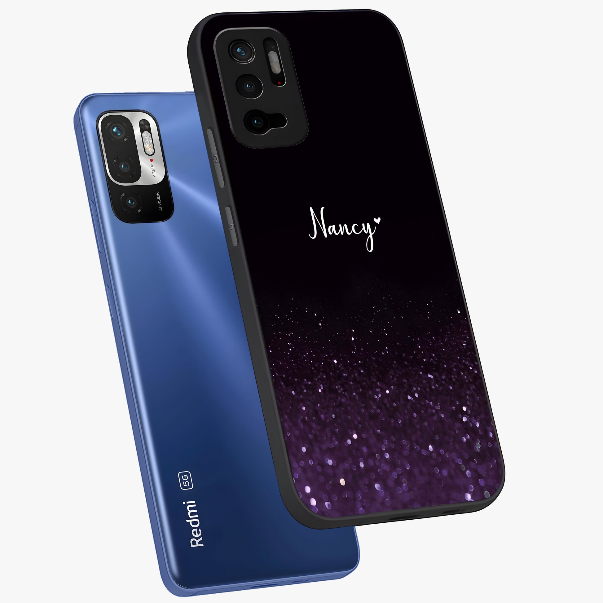 Glittery Purple Bokeh Custom Name Glass Case displayed in angled mockup highlighting glitter bokeh pattern with custom name feature.
