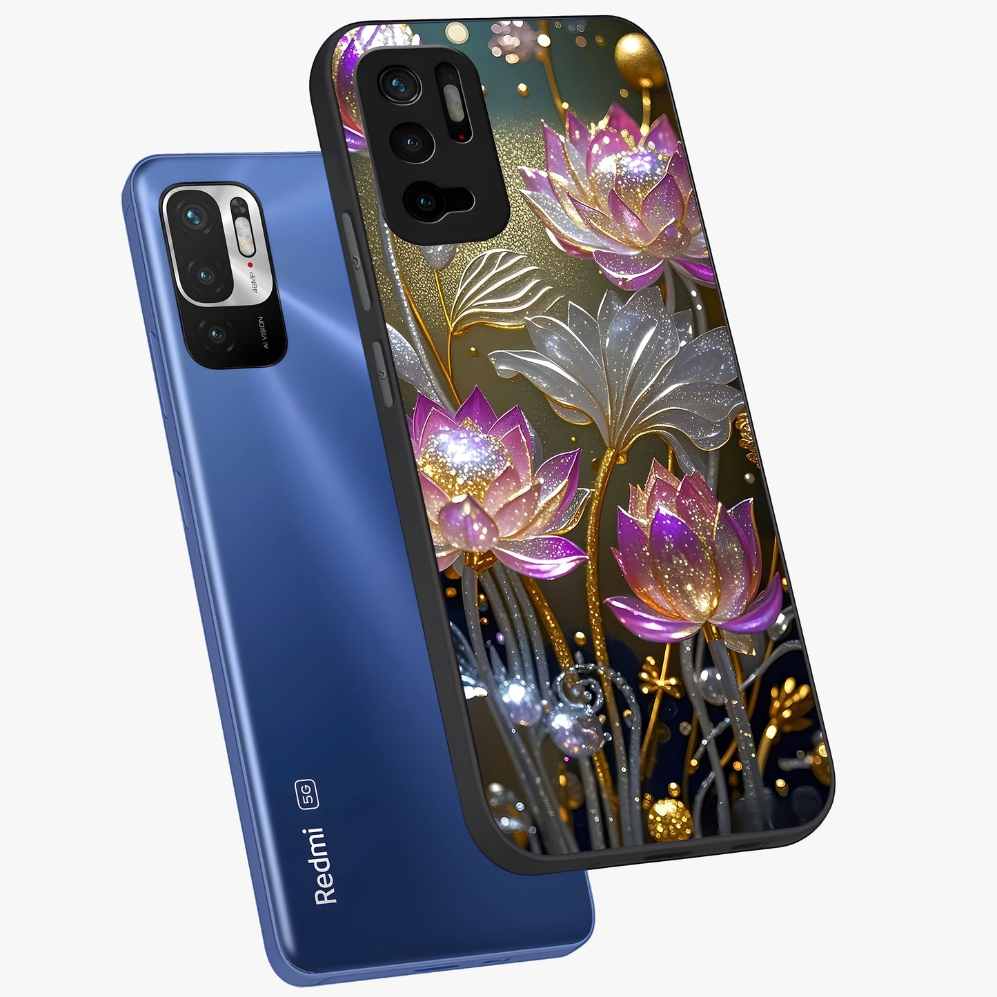 Golden Floral Majesty Glass Case displayed in angled mockup highlighting elegant flower design with royal golden aesthetic.