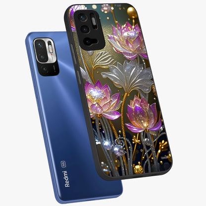 Golden Floral Majesty Glass Case displayed in angled mockup highlighting elegant flower design with royal golden aesthetic.