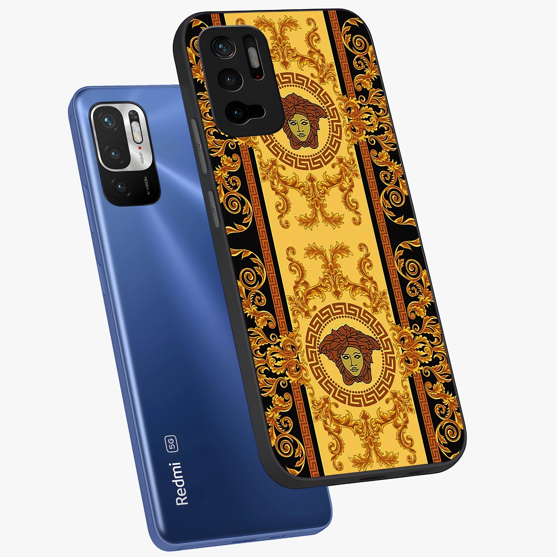 Golden Lotus Glow Glass Case displayed in angled mockup highlighting radiant lotus illustration with spiritual aesthetic.