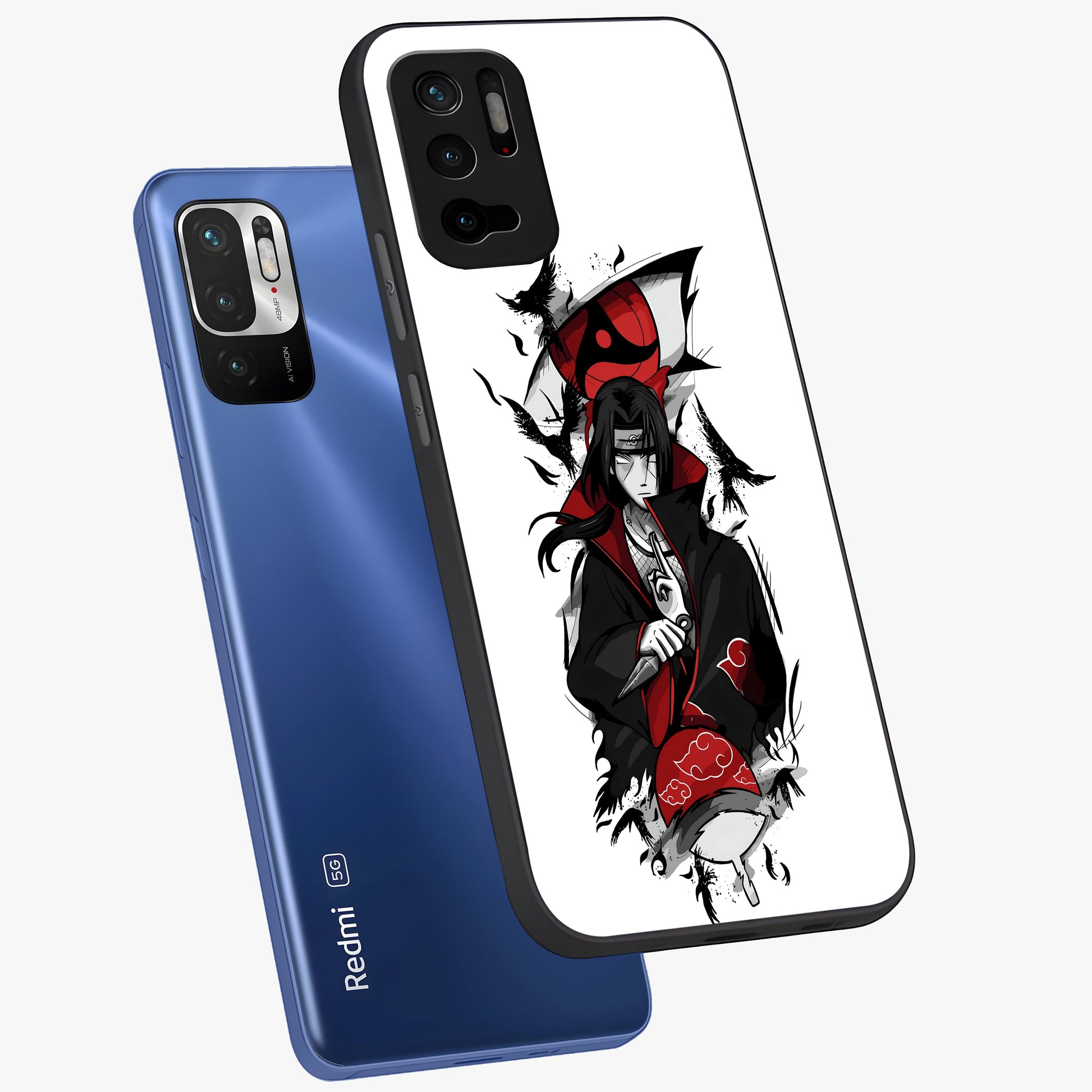 Itachi Limited Edition Naruto Anime Glass Case displayed in angled mockup highlighting dramatic anime illustration with bold action aesthetic.