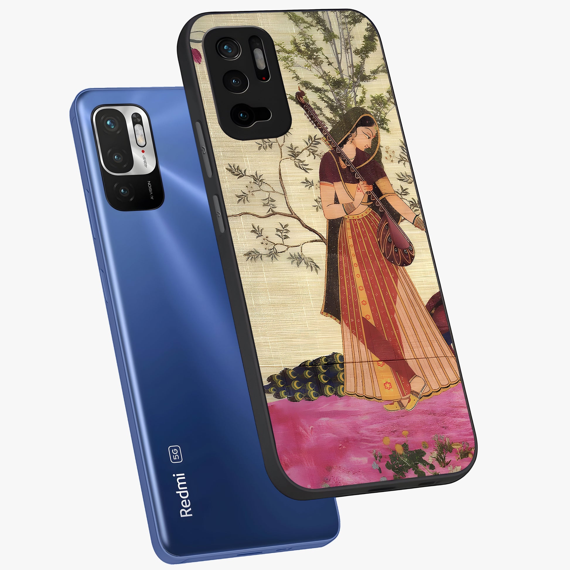 Lady With Veena Art Glass Case displayed in angled mockup highlighting graceful musical illustration with cultural artistic aesthetic.