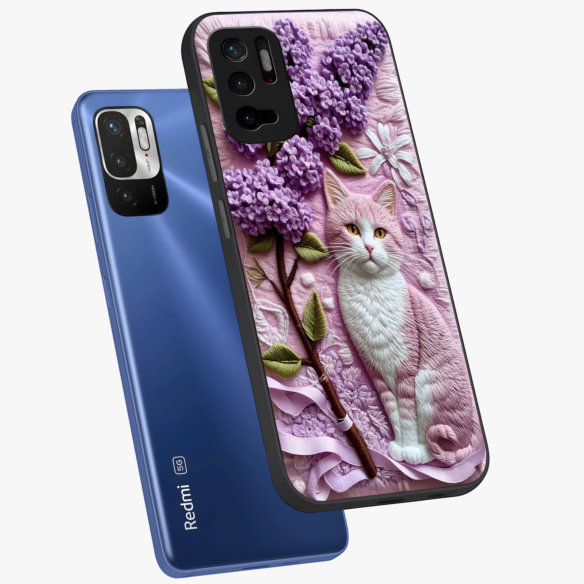 Lavender Cat Whimsy Glass Case displayed in angled mockup highlighting playful feline illustration with pastel lavender aesthetic.