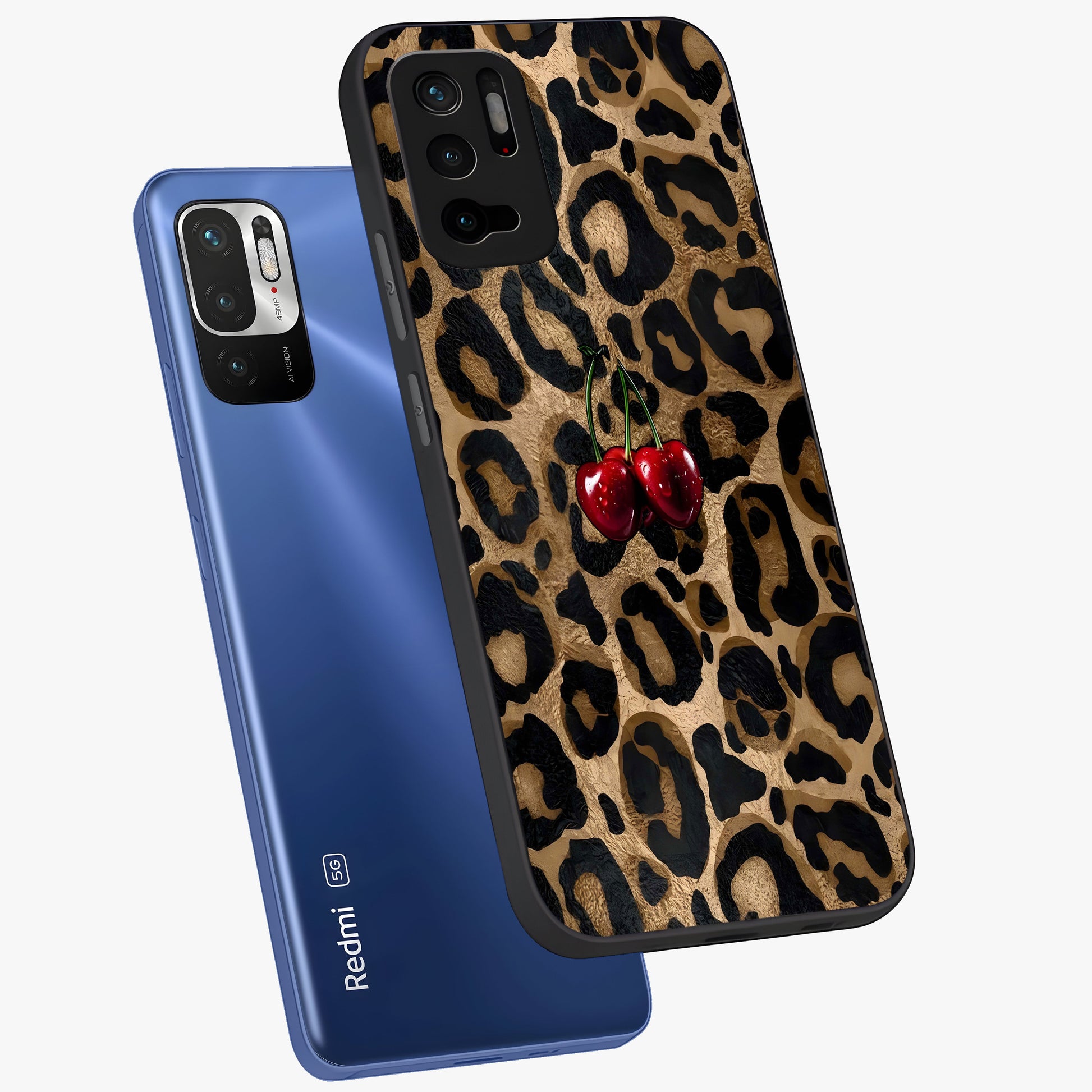 Leopard Wild Cherry Glass Case displayed in angled mockup highlighting bold animal print design with playful cherry aesthetic.