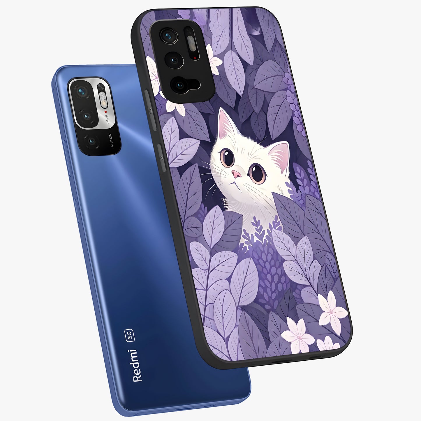 Lilac Hide Peek Cat Glass Case displayed in angled mockup highlighting playful feline illustration with lilac aesthetic design.