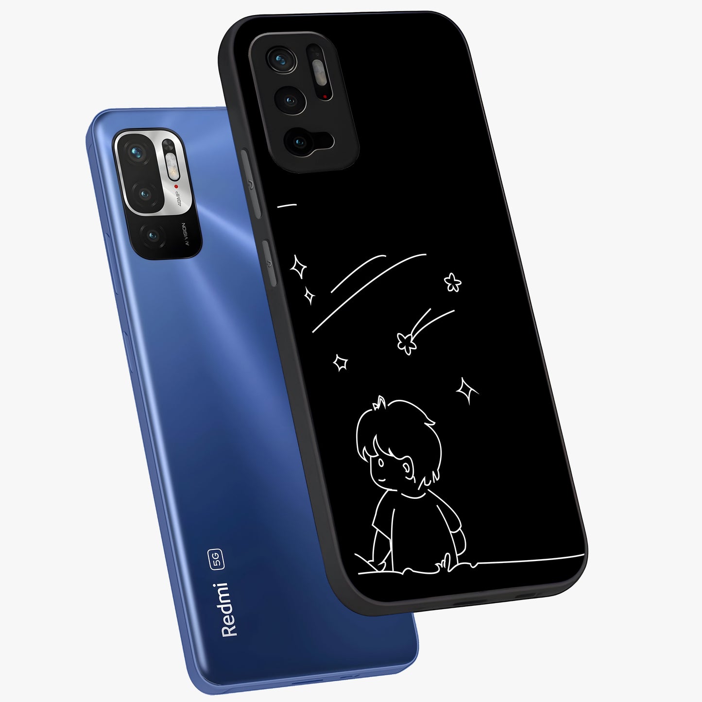 Line Art Boy With Shooting Stars Glass Case displayed in angled mockup highlighting elegant line art design with dreamy star aesthetic.