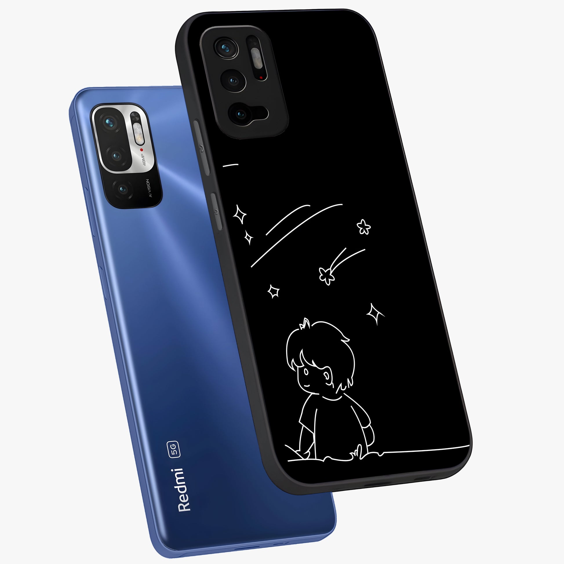 Line Art Boy With Shooting Stars Glass Case displayed in angled mockup highlighting elegant line art design with dreamy star aesthetic.