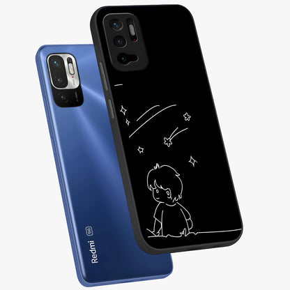 Line Art Boy With Shooting Stars Glass Case displayed in angled mockup highlighting elegant line art design with dreamy star aesthetic.