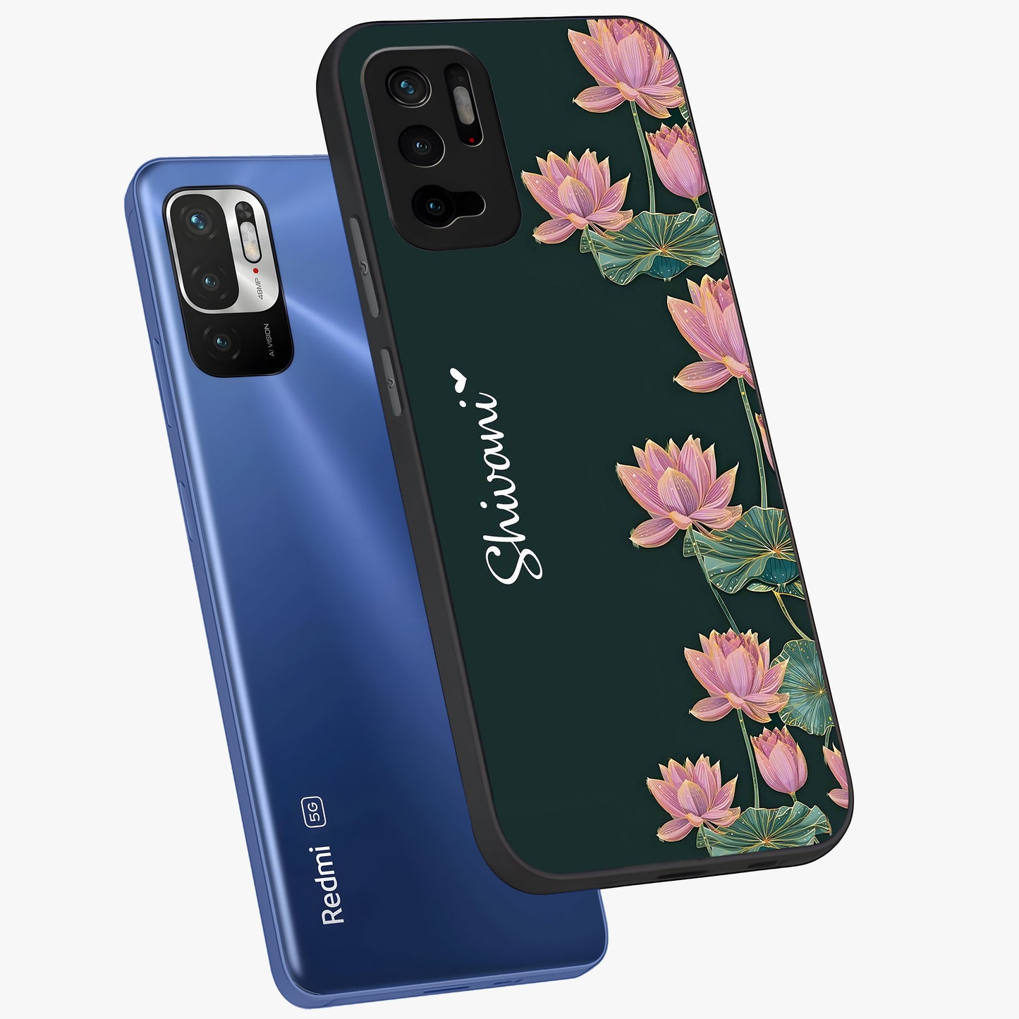 Lotus Bloom Serenity Custom Name Glass Case displayed in angled mockup highlighting graceful lotus illustration with custom name feature.