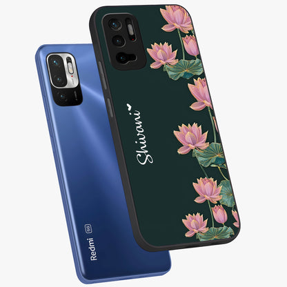 Lotus Bloom Serenity Custom Name Glass Case displayed in angled mockup highlighting graceful lotus illustration with custom name feature.
