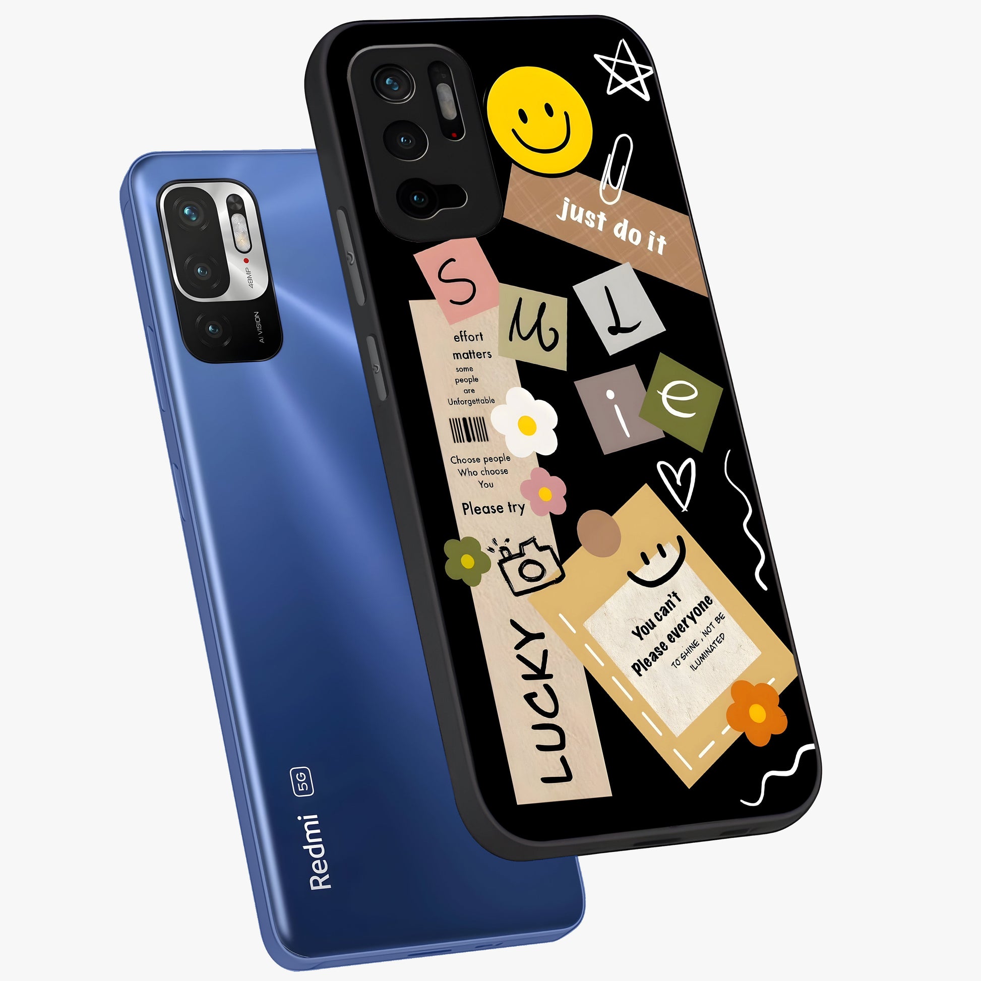 Lucky Aesthetic Collage Glass Case displayed in angled mockup highlighting stylish collage pattern with modern aesthetic vibe.