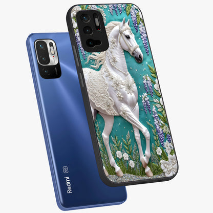 Majestic Floral Stallion Glass Case displayed in angled mockup highlighting majestic stallion illustration with elegant floral aesthetic.
