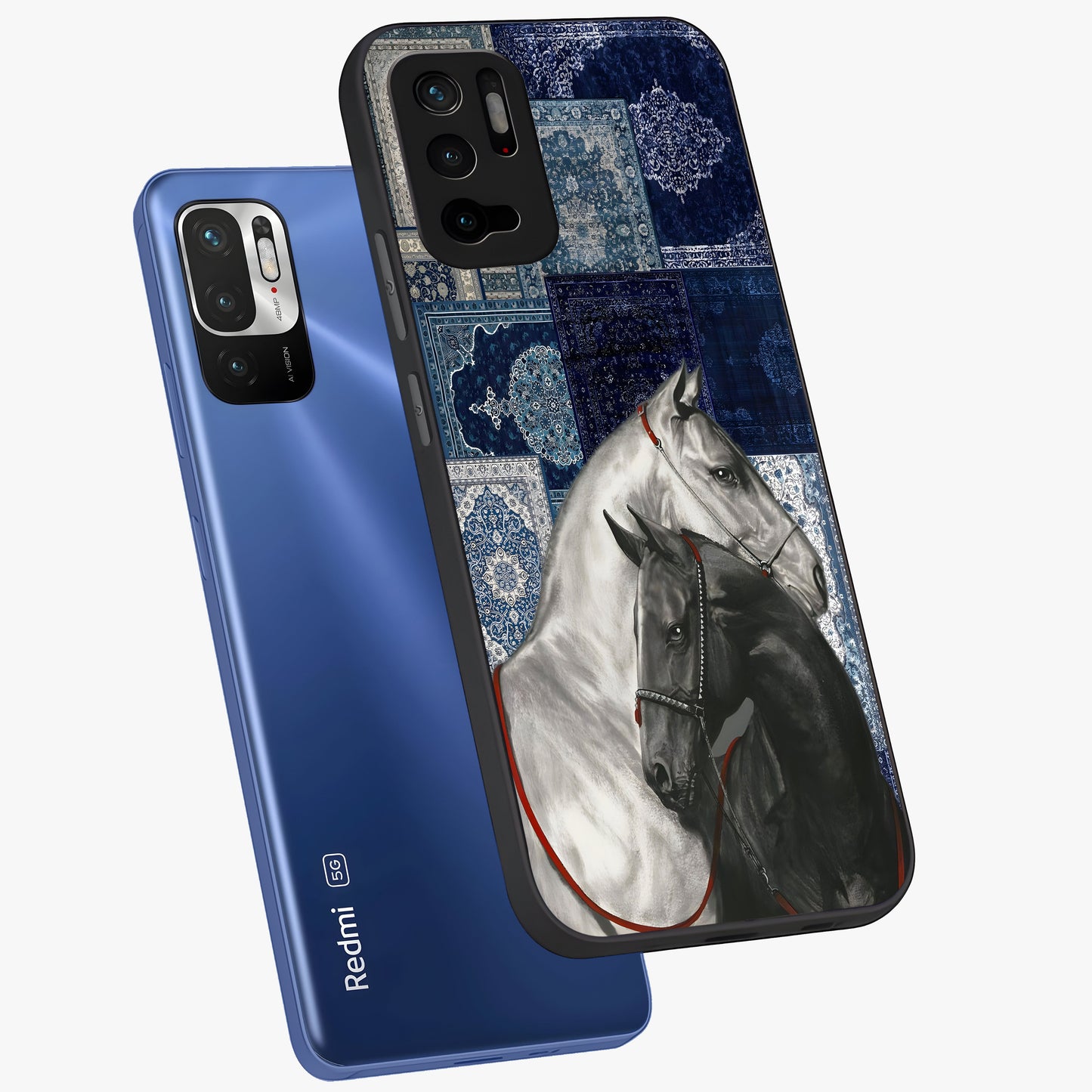 Midnight Stallion Blues Glass Case displayed in angled mockup highlighting powerful stallion illustration with deep midnight tones.