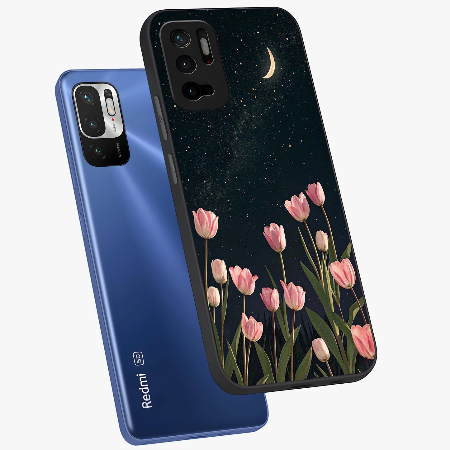 Midnight Tulip Whispers Vibe Glass Case displayed in angled mockup highlighting delicate tulip design with midnight floral aesthetic.