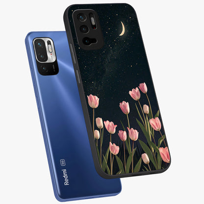 Midnight Tulip Whispers Vibe Glass Case displayed in angled mockup highlighting delicate tulip design with midnight floral aesthetic.