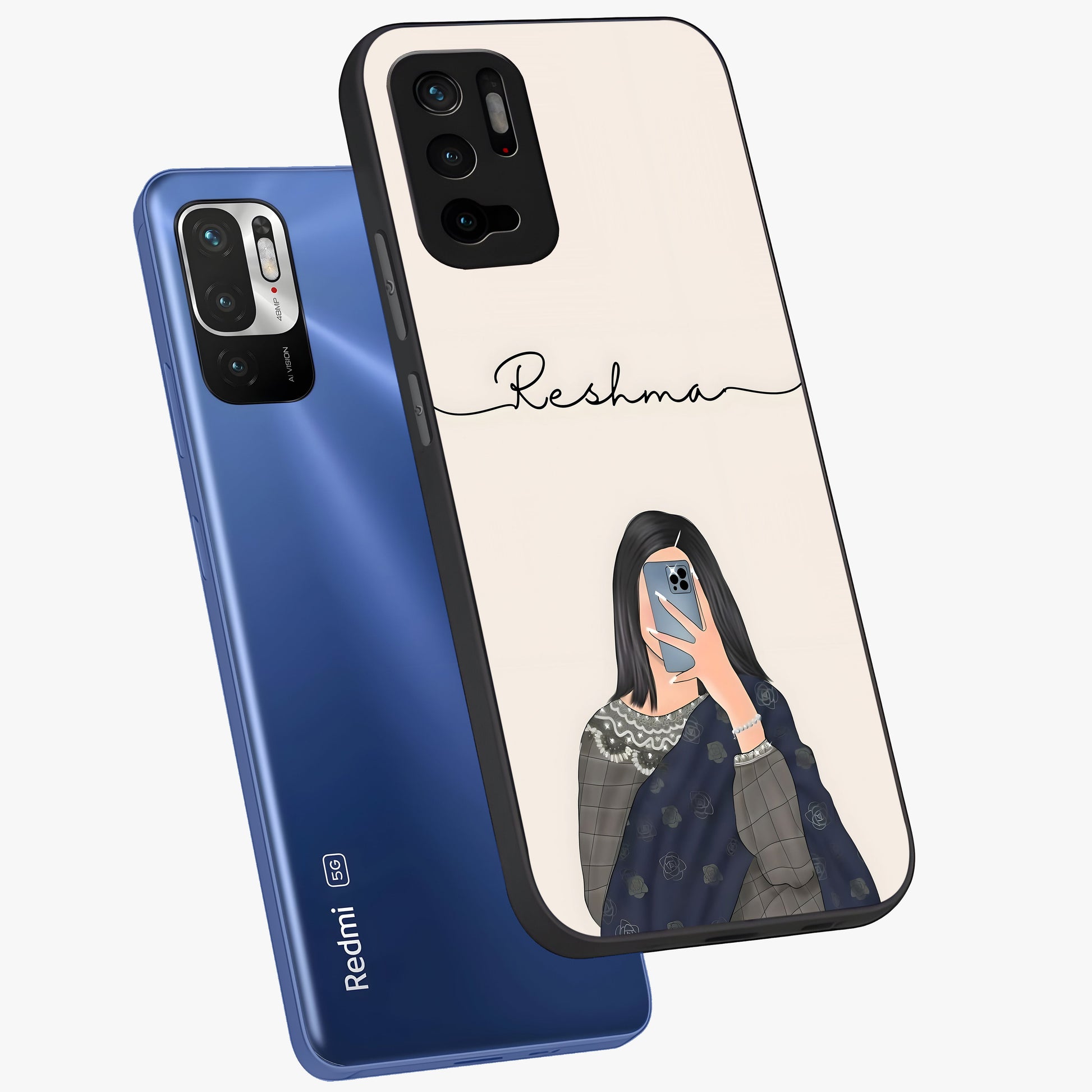 Mirror Mood Muse With Custom Name Glass Case displayed in angled mockup highlighting aesthetic mirror inspired design with custom name feature.