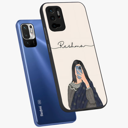 Mirror Mood Muse With Custom Name Glass Case displayed in angled mockup highlighting aesthetic mirror inspired design with custom name feature.