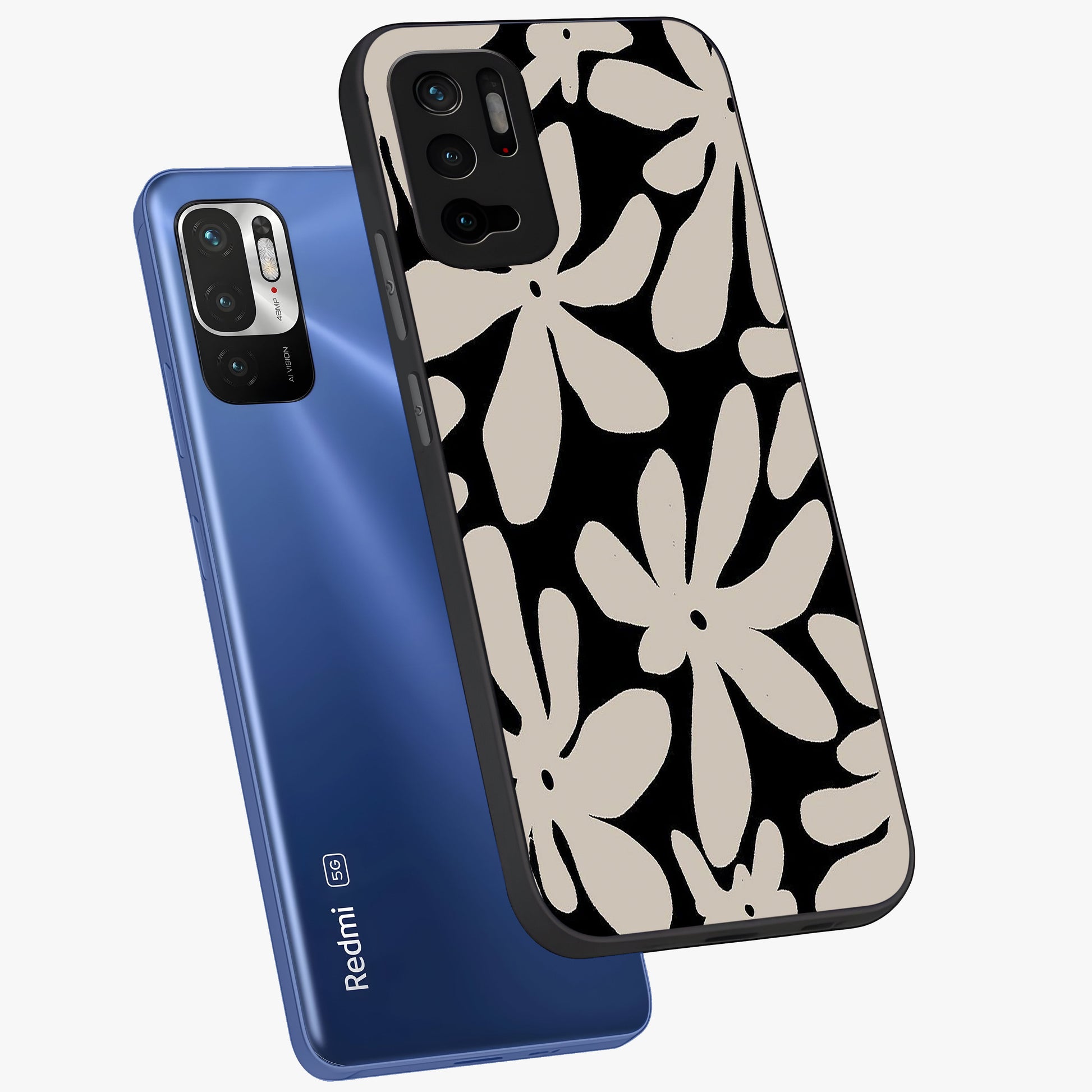 Monochrome Petal Dance Glass Case displayed in angled mockup highlighting elegant petal design with black and white aesthetic.