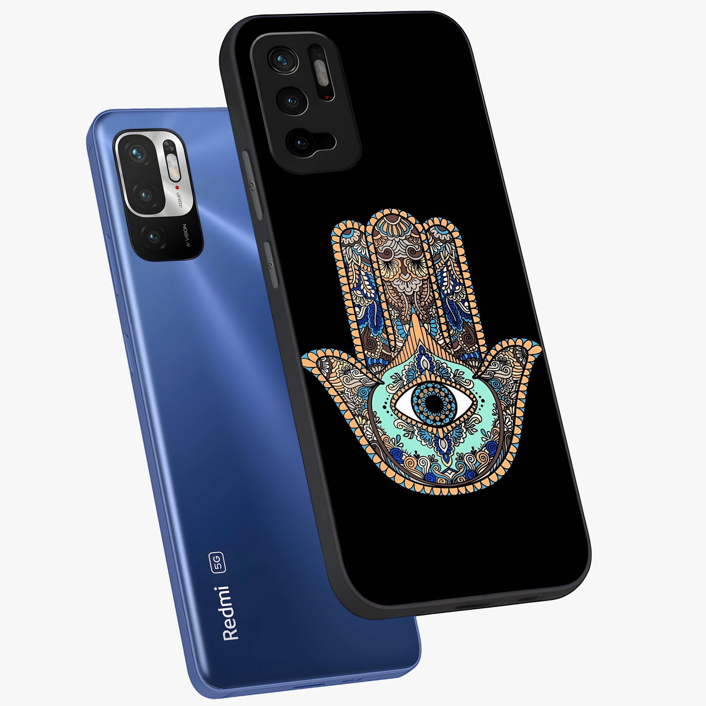 Mystic Hamsa Eye Glass Case displayed in angled mockup highlighting spiritual hamsa symbol with mystical aesthetic style.