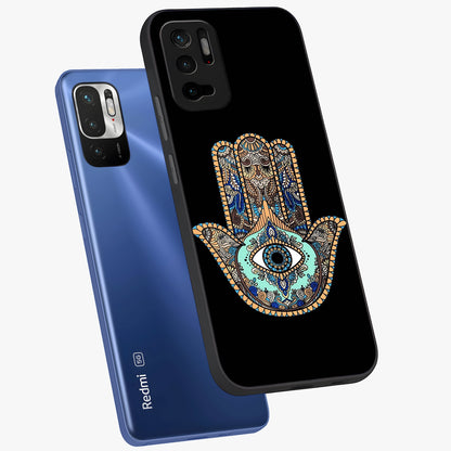 Mystic Hamsa Eye Glass Case displayed in angled mockup highlighting spiritual hamsa symbol with mystical aesthetic style.