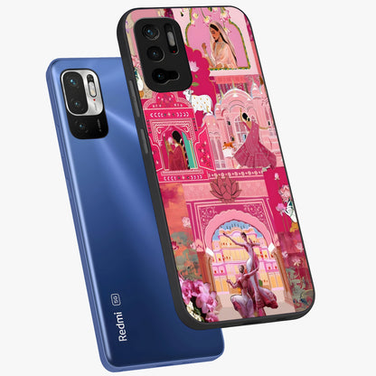 Pink Palace Muse Glass Case displayed in angled mockup highlighting dreamy palace illustration with soft pink aesthetic.