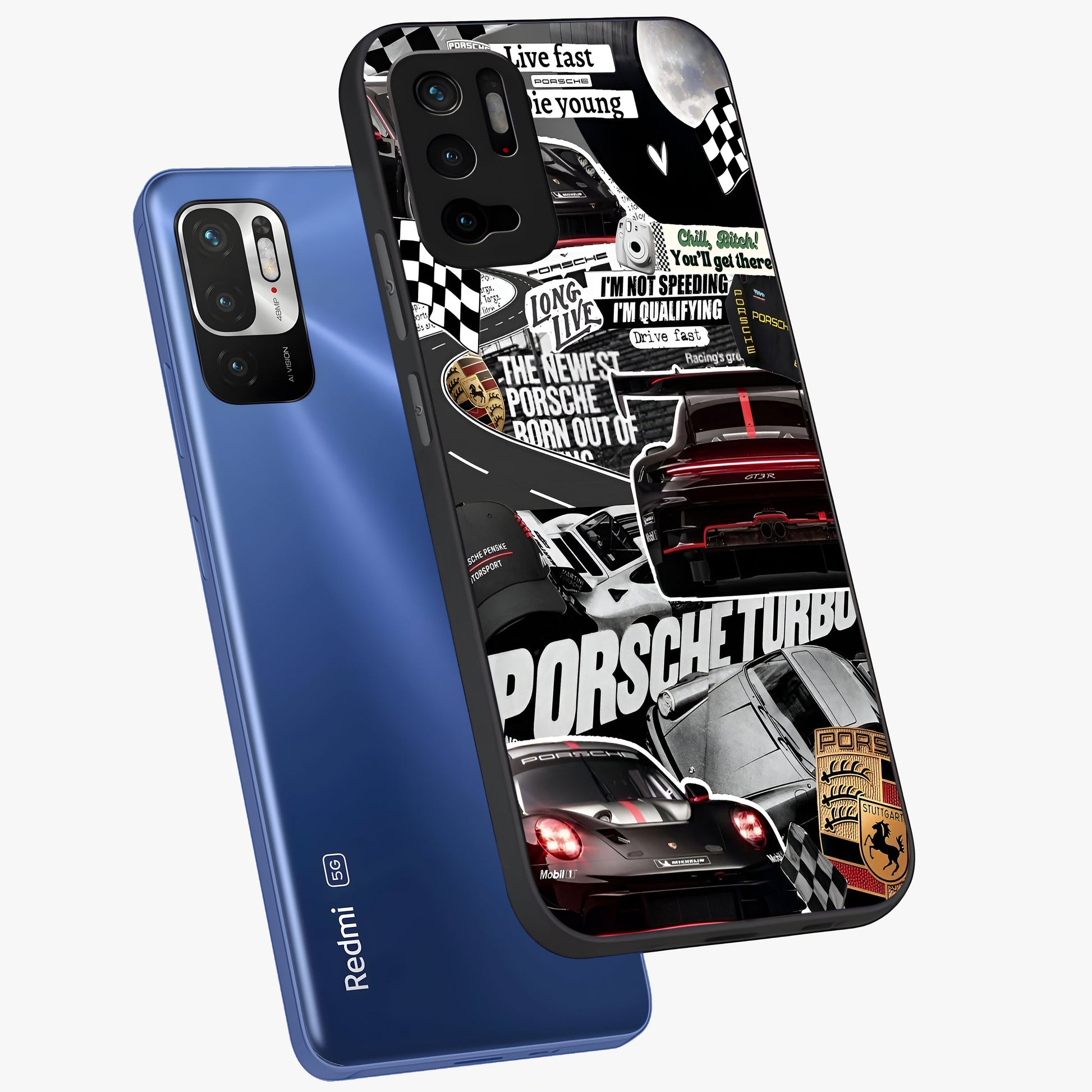 Porsche Racing Collage Glass Case displayed in angled mockup highlighting dynamic automotive design with bold racing aesthetic.