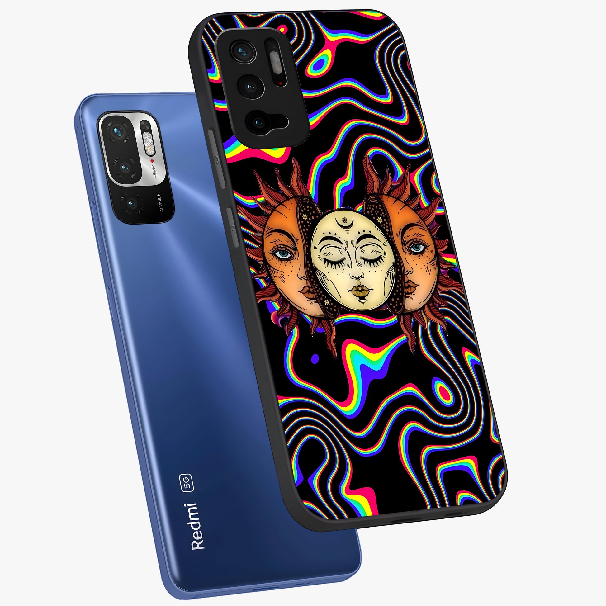 Psychedelic Sun Glass Case displayed in angled mockup highlighting vibrant abstract sun design with artistic aesthetic style.