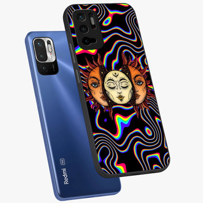 Psychedelic Sun Glass Case displayed in angled mockup highlighting vibrant abstract sun design with artistic aesthetic style.