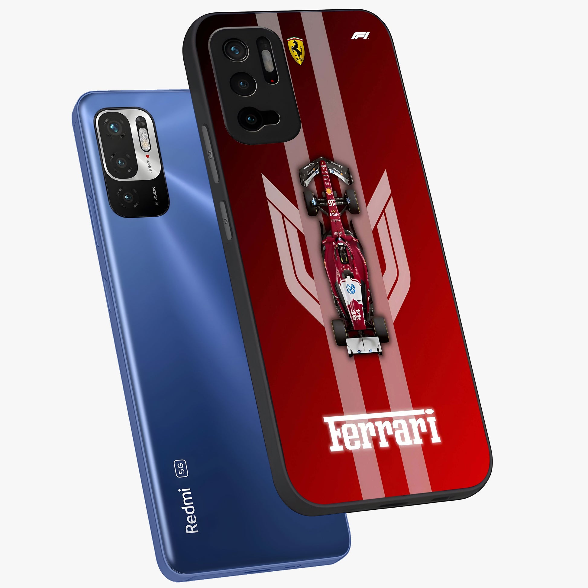 Red Ferrari F1 Vertical Glass Case displayed in angled mockup highlighting high speed racing design with bold automotive aesthetic.