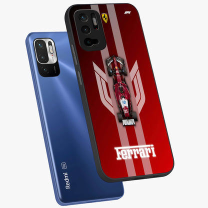 Red Ferrari F1 Vertical Glass Case displayed in angled mockup highlighting high speed racing design with bold automotive aesthetic.