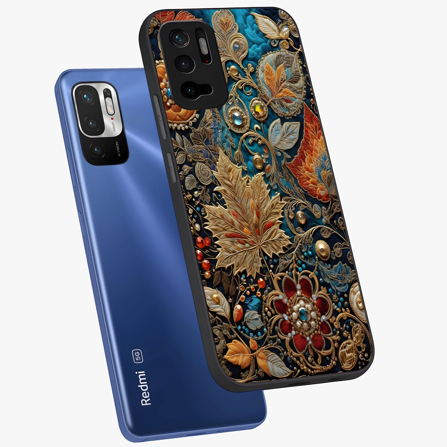 Royal Jewel Garden Glass Case displayed in angled mockup highlighting vibrant jewel inspired floral design with elegant aesthetic.