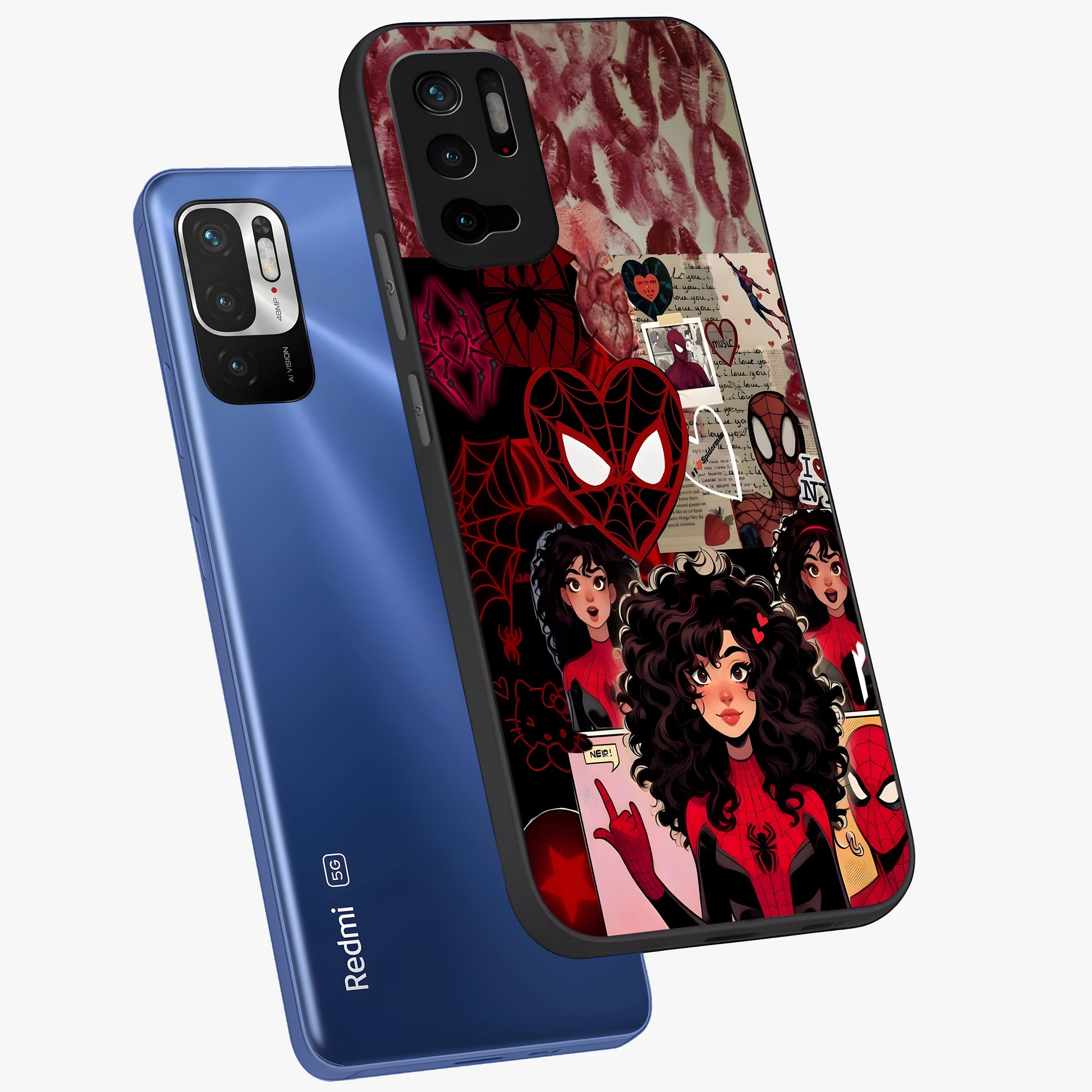 Spider Love Story Glass Case displayed in angled mockup highlighting expressive comic inspired design with playful aesthetic.