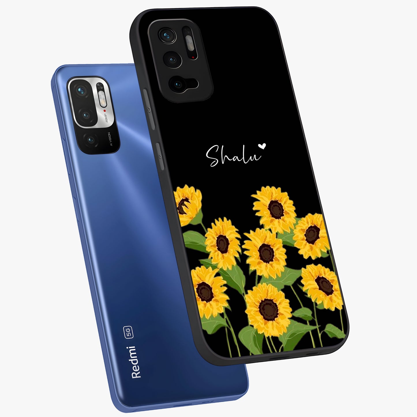 Sunflower Chic Mood Custom Name Glass Case displayed in angled mockup highlighting vibrant sunflower design with custom name feature.