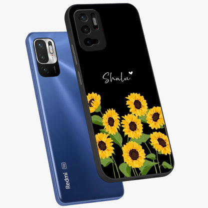 Sunflower Chic Mood Custom Name Glass Case displayed in angled mockup highlighting vibrant sunflower design with custom name feature.
