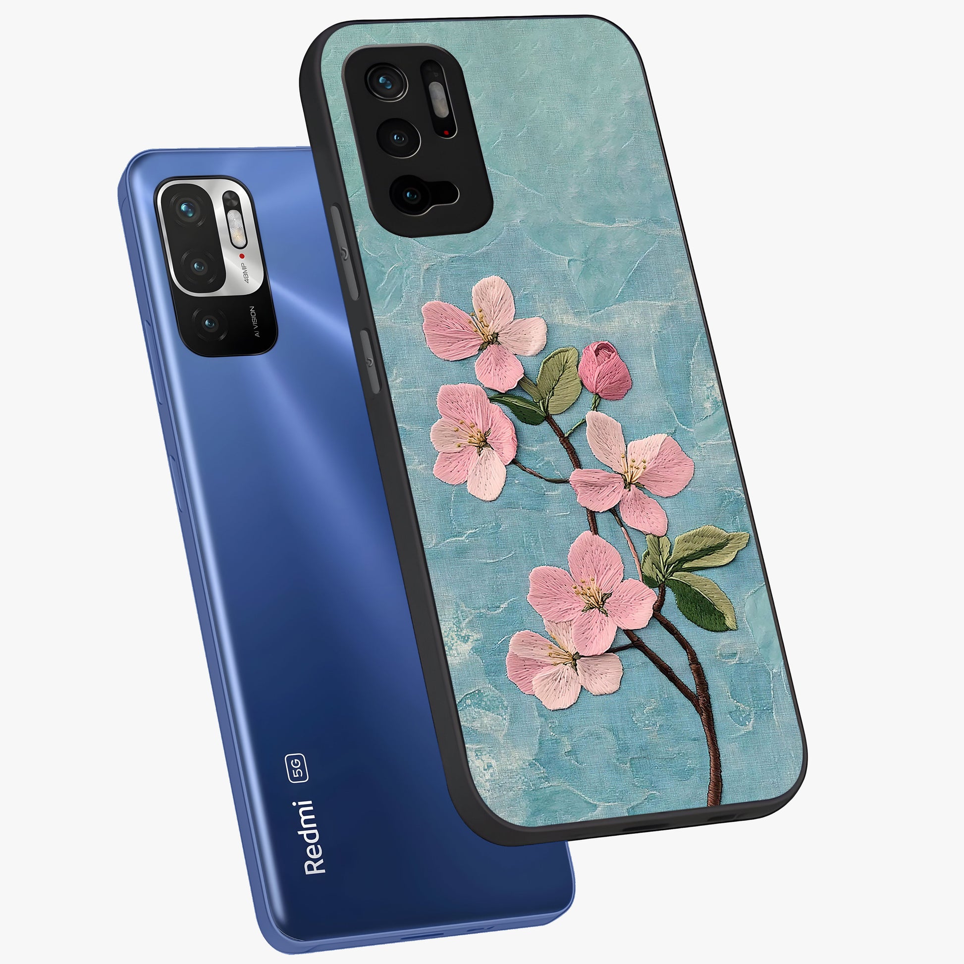 Threaded Blossom Breeze Glass Case displayed in angled mockup highlighting elegant floral design with soft aesthetic style.