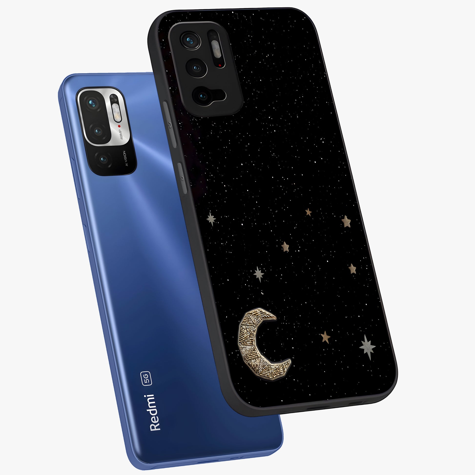 Twinkle Star With Half Moon Glass Case displayed in angled mockup highlighting celestial moon and star design with magical aesthetic.